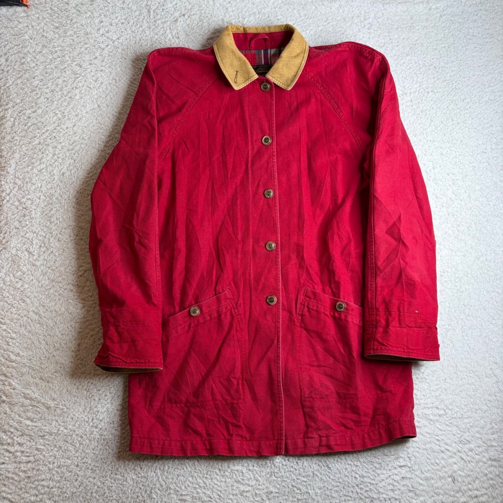 Eddie Bauer Vintage Red Canvas Barn Coat Plaid Lined Corduroy Collar Medium
